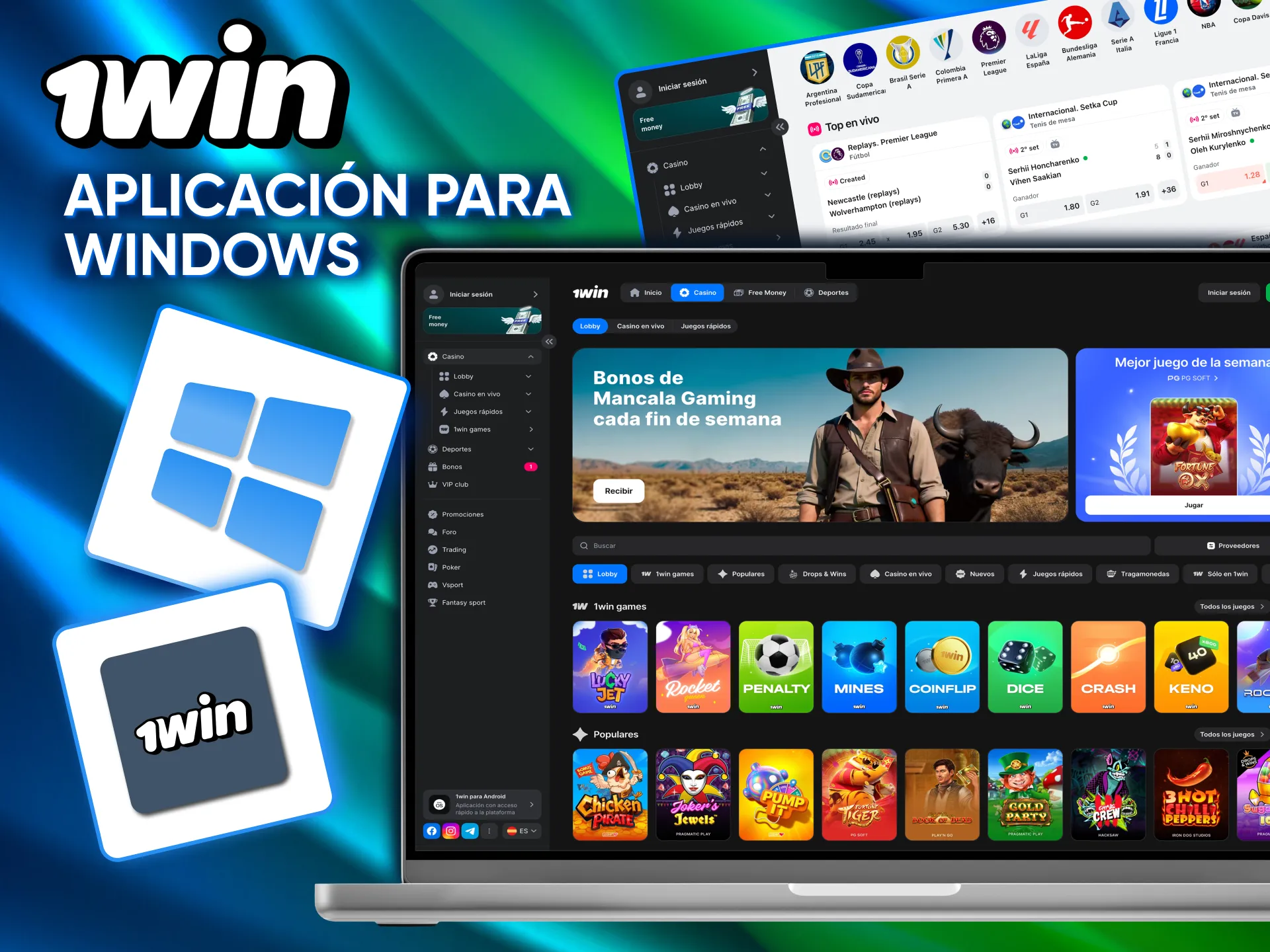 Instalación rápida de la aplicación 1win en Windows.