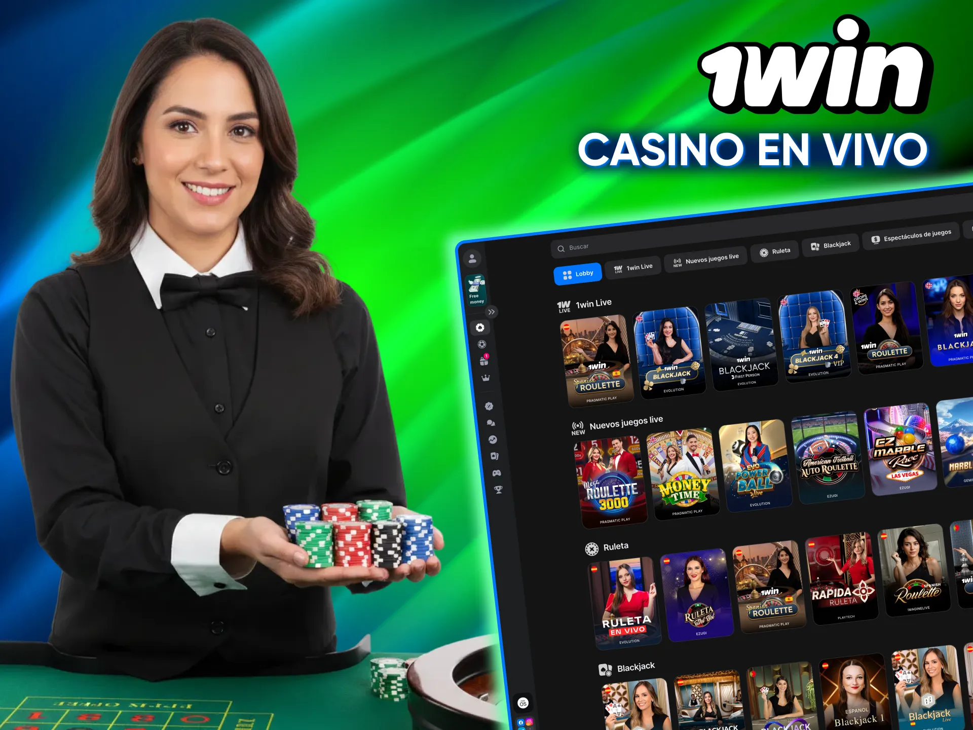 Interacción directa con crupieres profesionales gracias al apartado de casino en vivo de 1win.