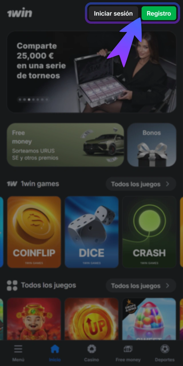 Inicia sesión segura en la app oficial de la 1Win.