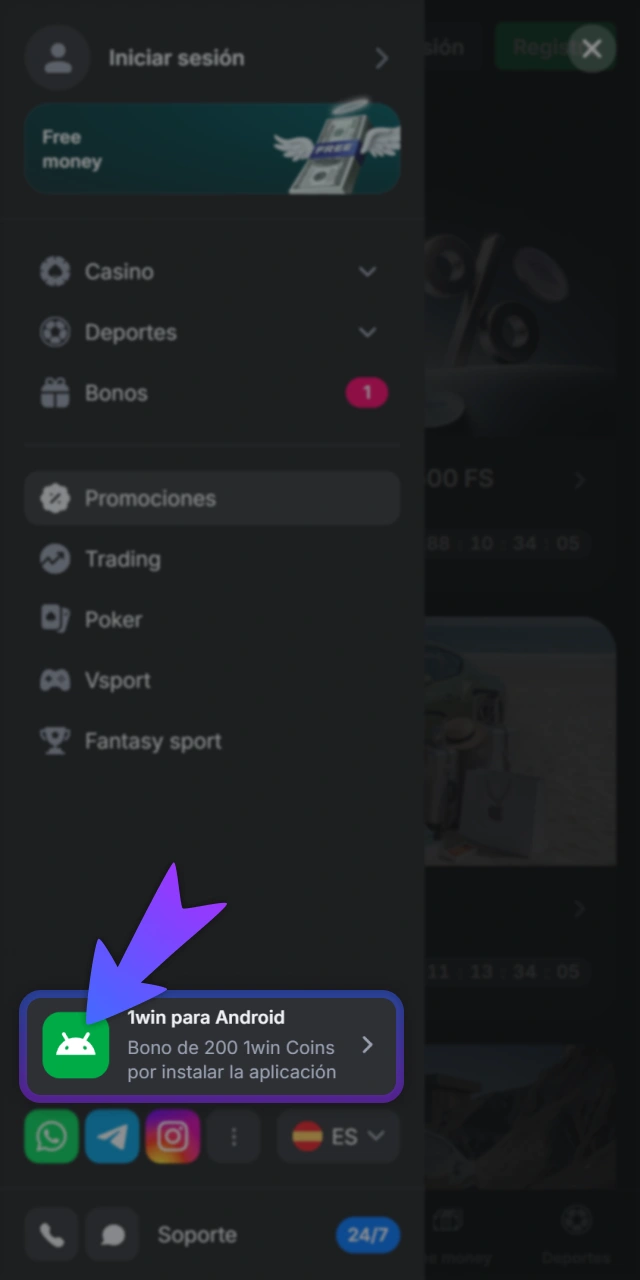 Descarga el archivo APK en el sitio oficial de 1Win.