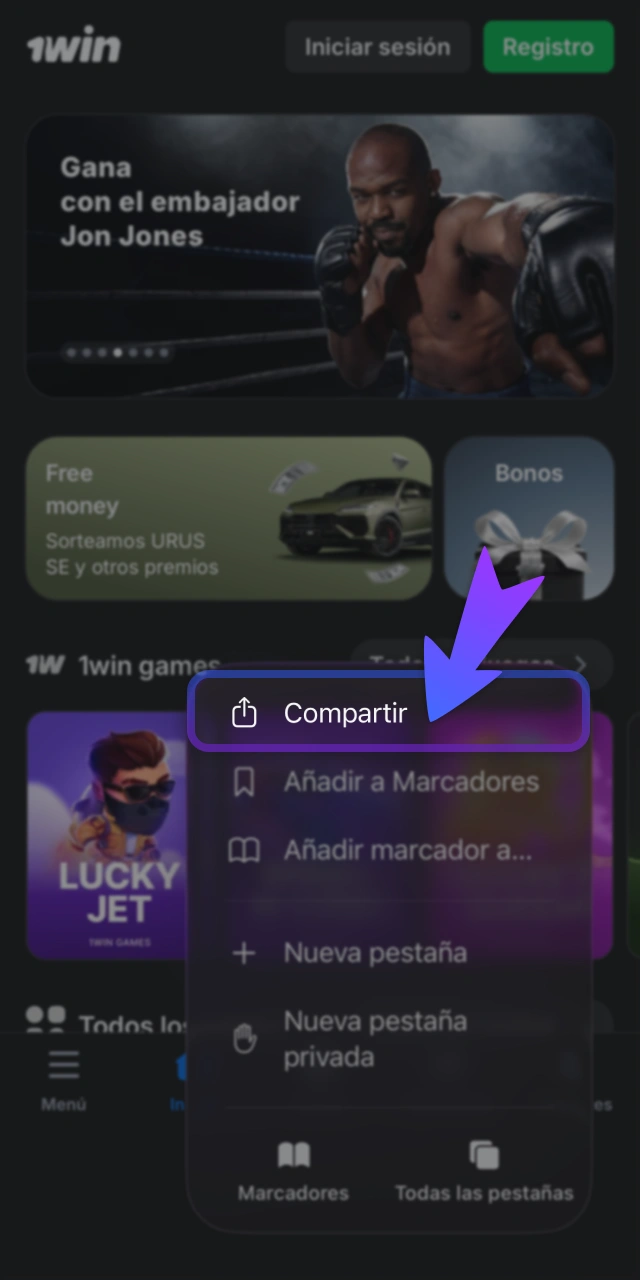 Comparte el acceso directo en el sitio oficial de 1Win.