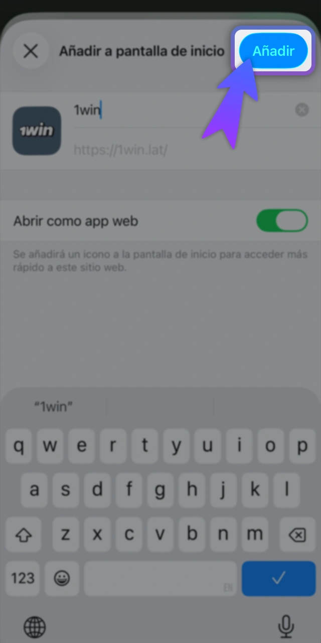 Confirma la instalación PWA en el sitio oficial de 1Win.
