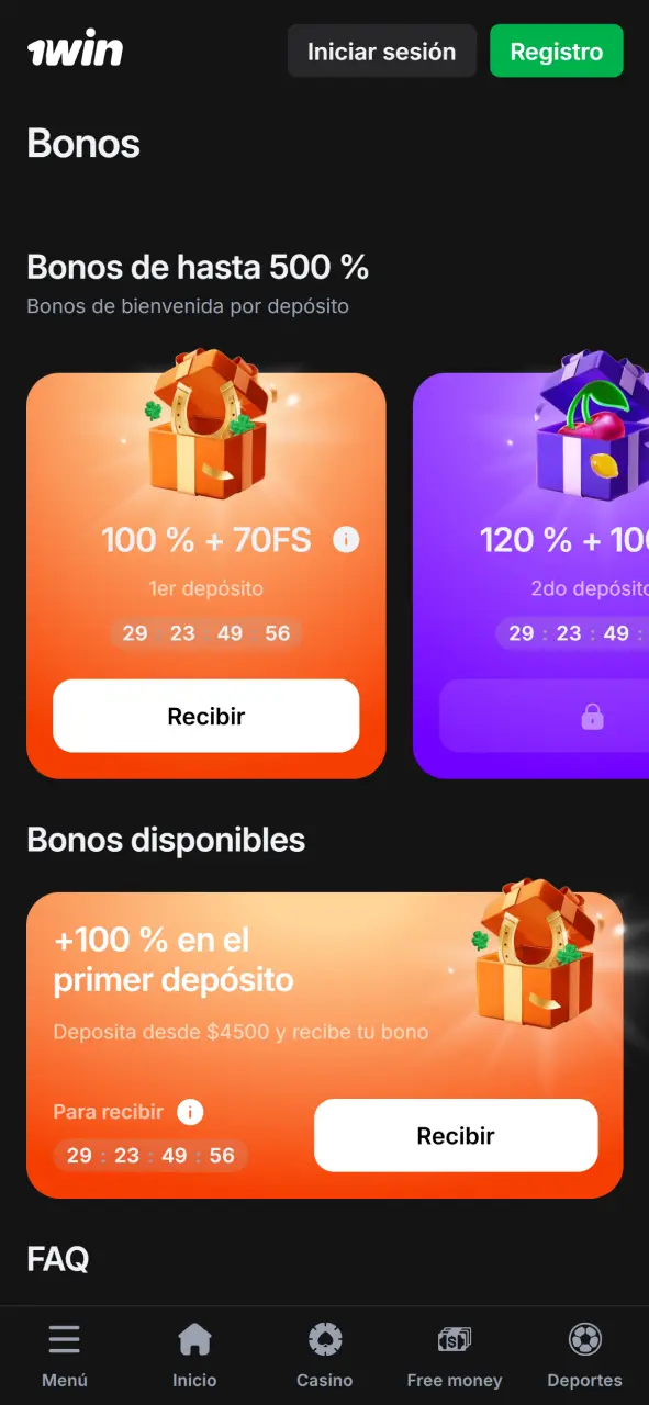Reclama bonos exclusivos en la app oficial de la 1Win.