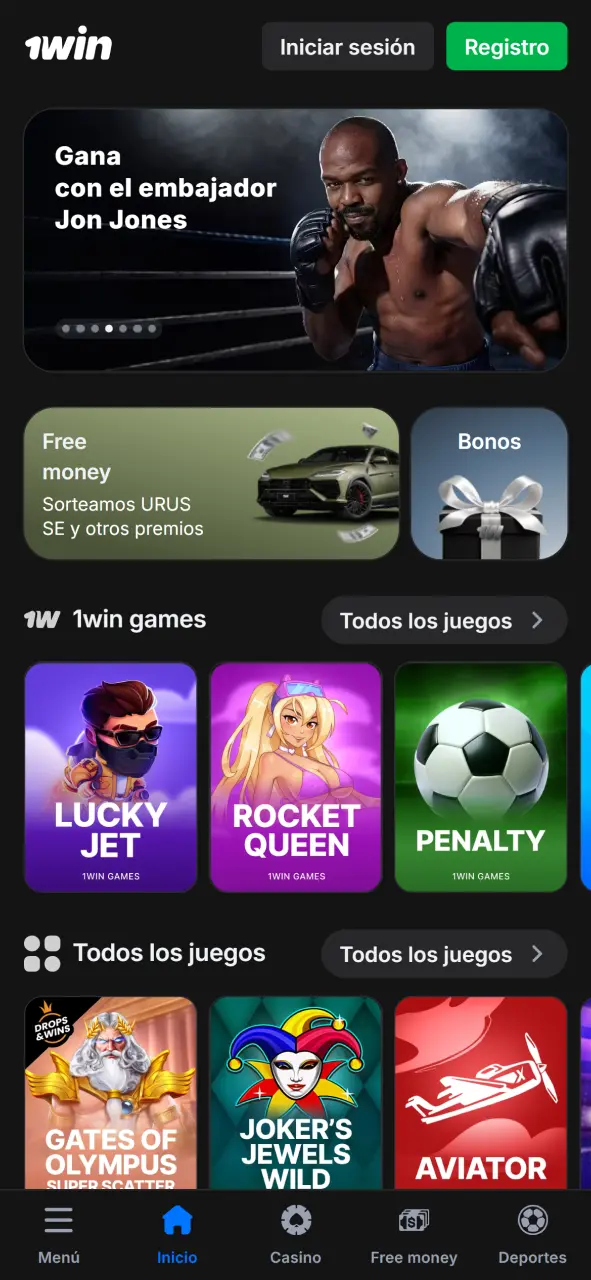 Mira la pantalla principal en la app oficial de 1Win.