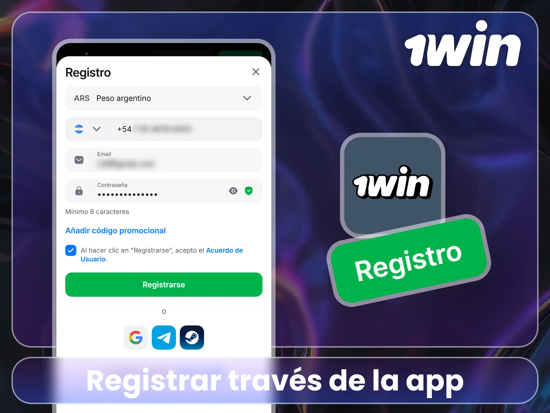 Regístrate desde la aplicación en el sitio oficial de 1Win.