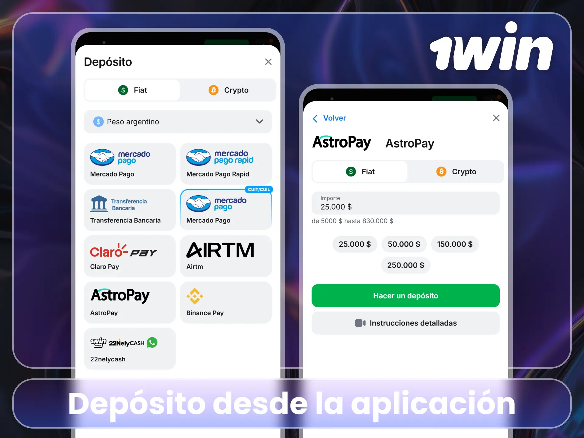 Recarga saldo desde la aplicación en el sitio oficial 1Win.