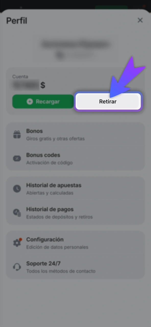 Busca la opción de retiro en el sitio oficial 1Win.