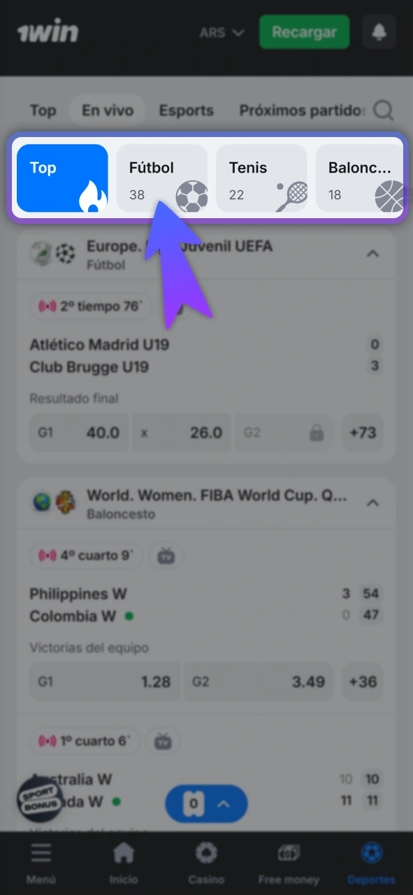 Elige tu deporte favorito en el sitio oficial de 1Win.