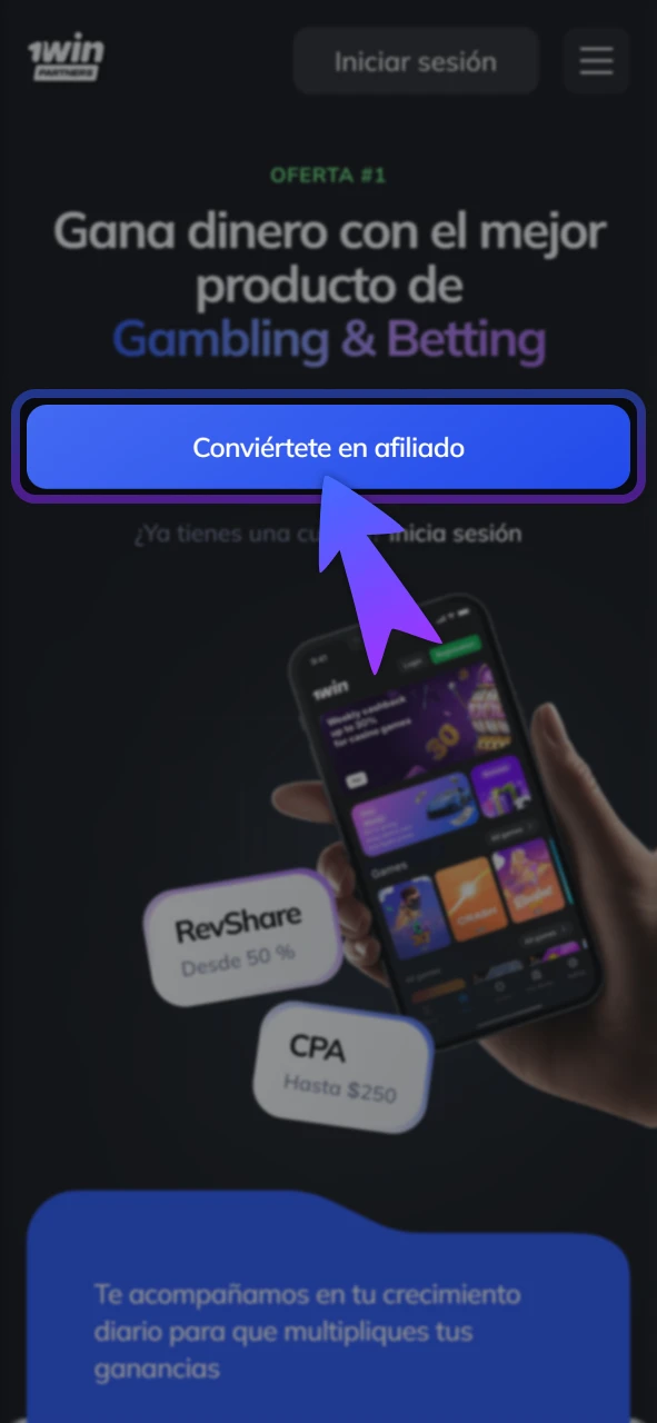Completa el formulario de socios en el sitio oficial 1Win.