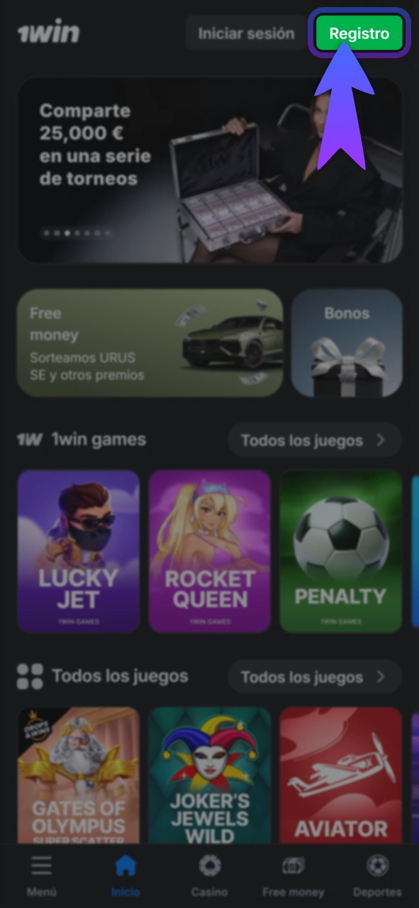 Haz clic en registrarse en el sitio oficial de 1Win.